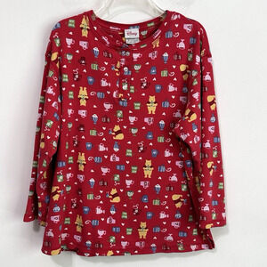 Disney Winnie The Pooh Top Henley M Red Coffee Morning Comfy PJ Shirt Long Slv